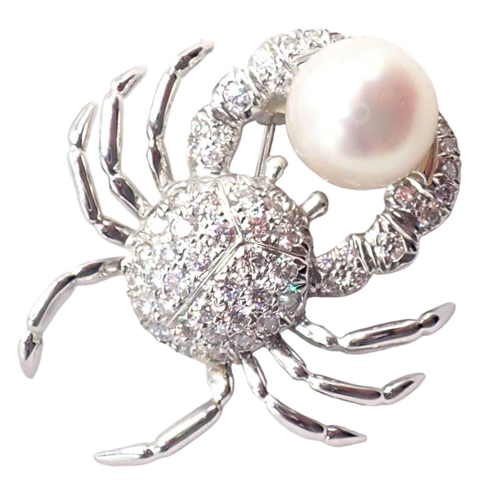 Rare! Authentic Tiffany & Co Platinum Crab 1.50ct Diamond 9mm Pearl Pin Brooch | Fortrove