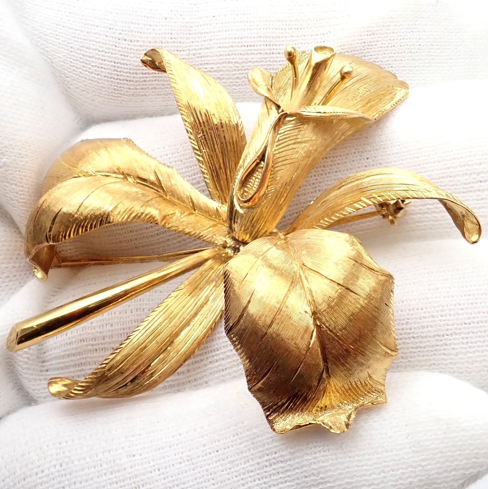 Vintage Tiffany & Co 18k Yellow Gold Large Orchid Calla Lily Pin Brooch 1950s | Fortrove