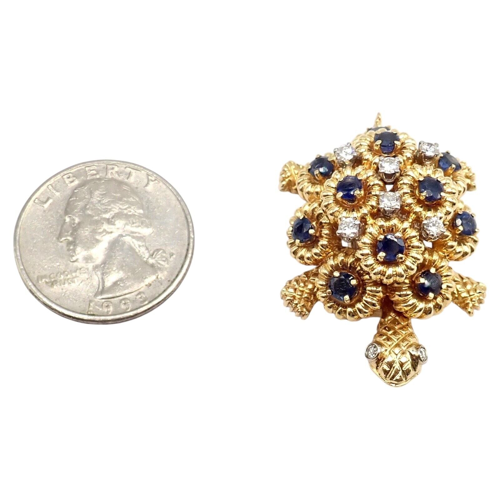 Rare! Authentic Tiffany & Co. Turtle 18k Yellow Gold Diamond Sapphire Pin Brooch | Fortrove