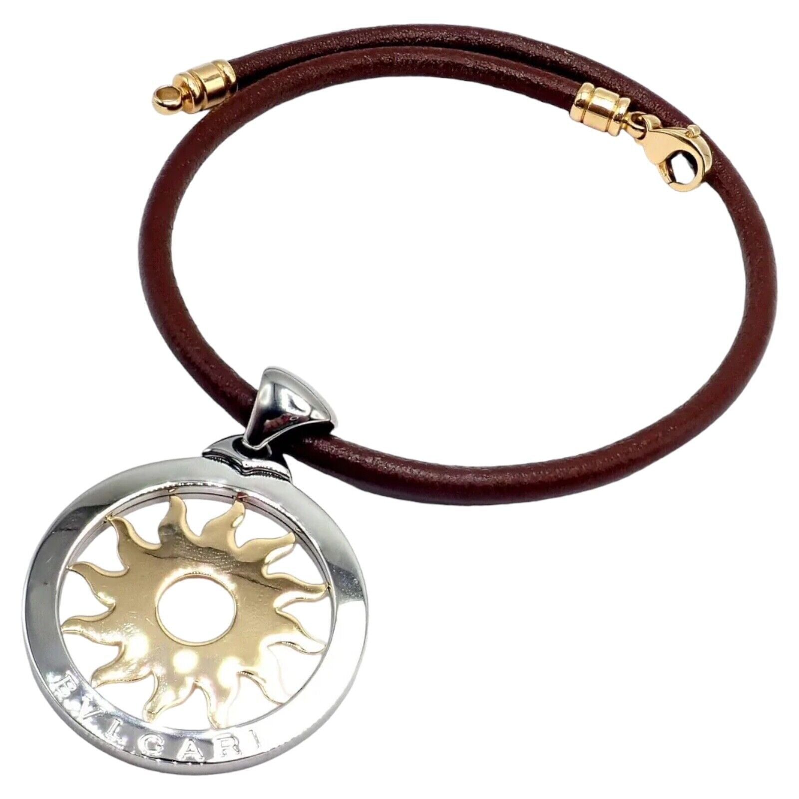 Bulgari Jewelry & Watches:Fine Jewelry:Necklaces & Pendants Bulgari Tondo Sun 18k Gold Steel Extra Large Pendant Brown Leather Necklace