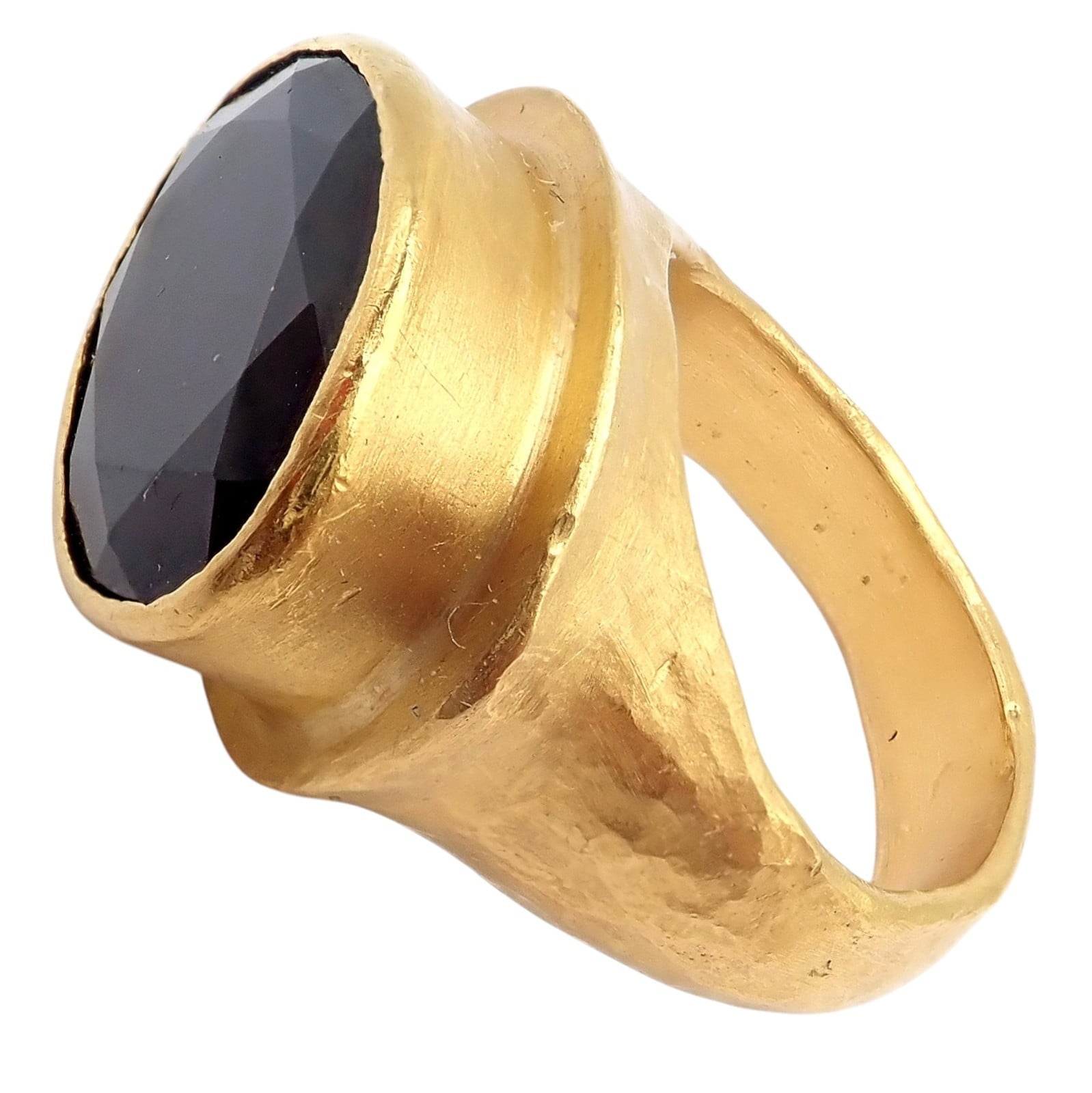 Authentic! Yossi Harari Hammered 24k Yellow Gold Large Garnet Ring sz 7 | Fortrove