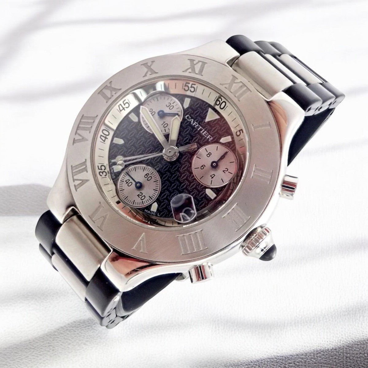 Authentic! Cartier Stainless Steel Chronograph 21 Quartz Rubber Band Watch | Fortrove