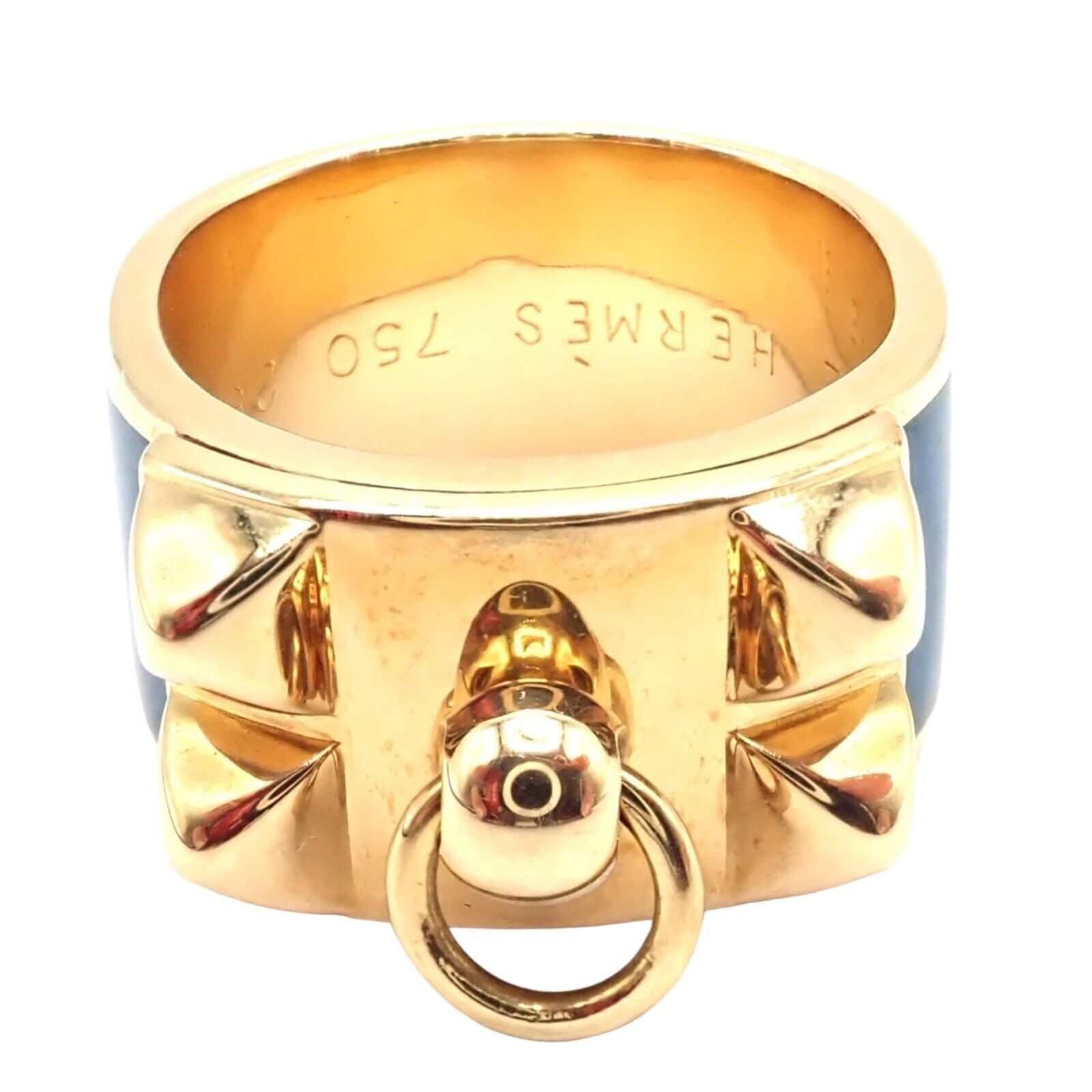 Authentic! Hermes Collier de Chien 18K Yellow Gold Blue Enamel Band Ring Size 6 | Fortrove