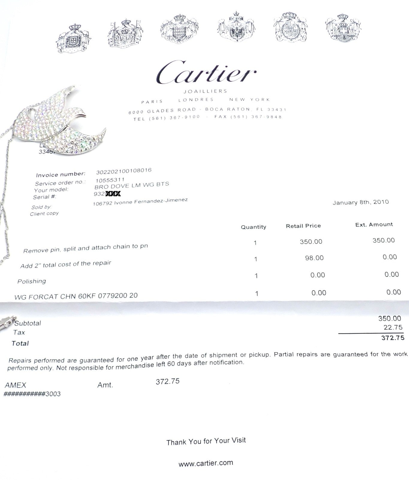 Authentic! Cartier Colombe Dove Of Peace 18k White Gold Diamond Necklace Paper | Fortrove