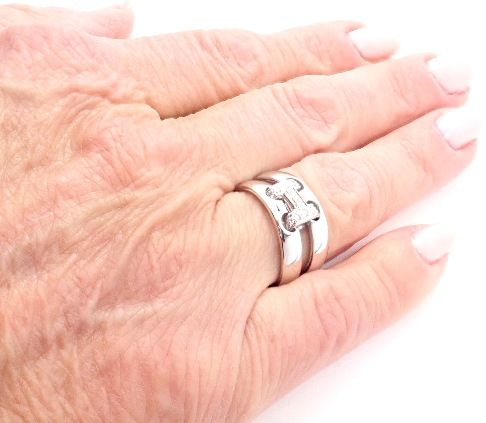 Authentic! Hermes 18k White Gold Diamond H Double Band Flex Band Ring | Fortrove