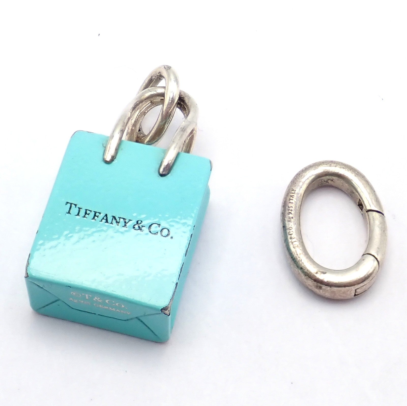 Tiffany & Co. Enamel Shopping Bag Silver Charm Pendant + Oval Jump
