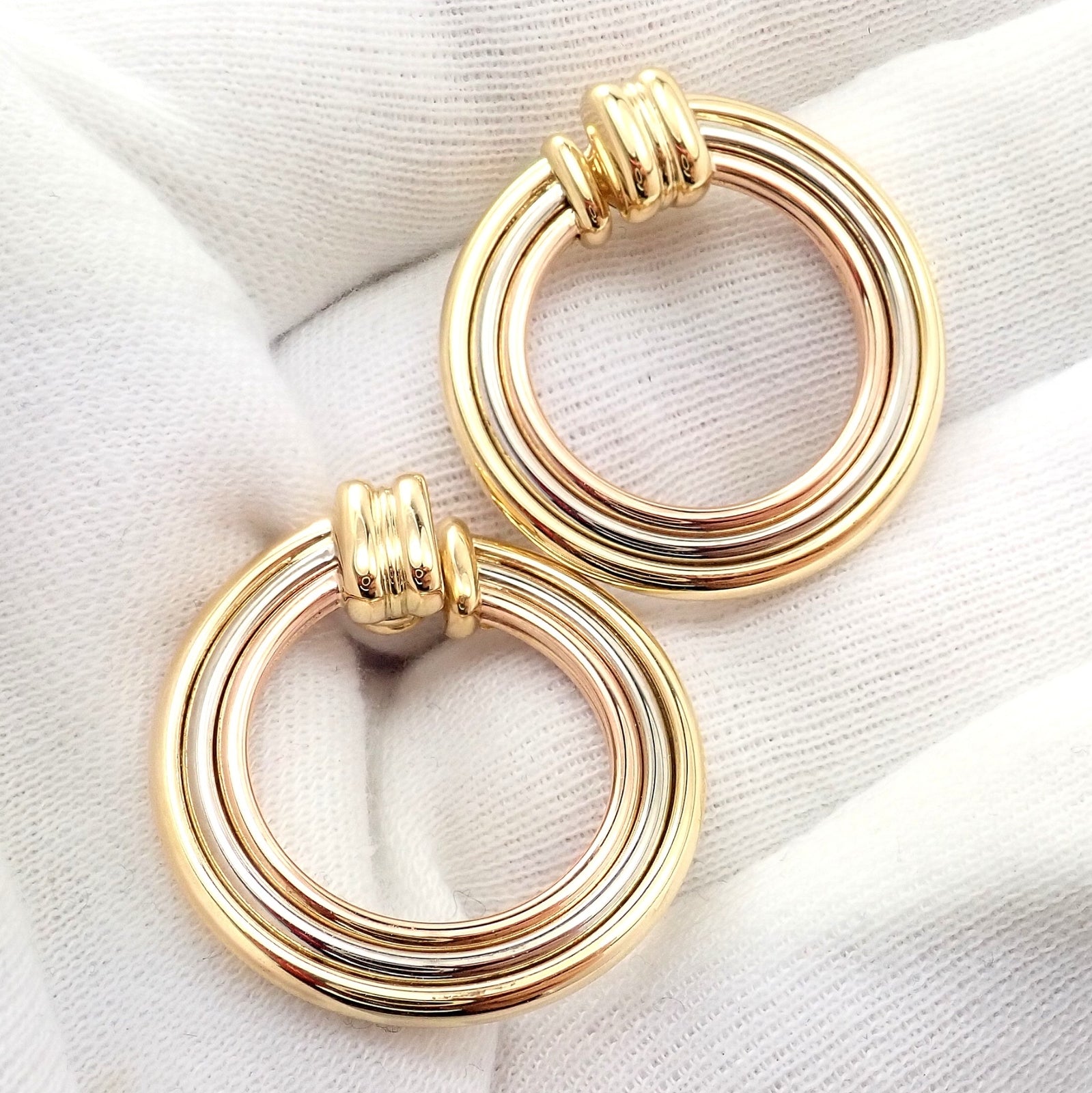 Cartier Jewelry & Watches:Fine Jewelry:Earrings Authentic! Cartier 18k Tri-Color Gold Large Trinity Hoop Earrings