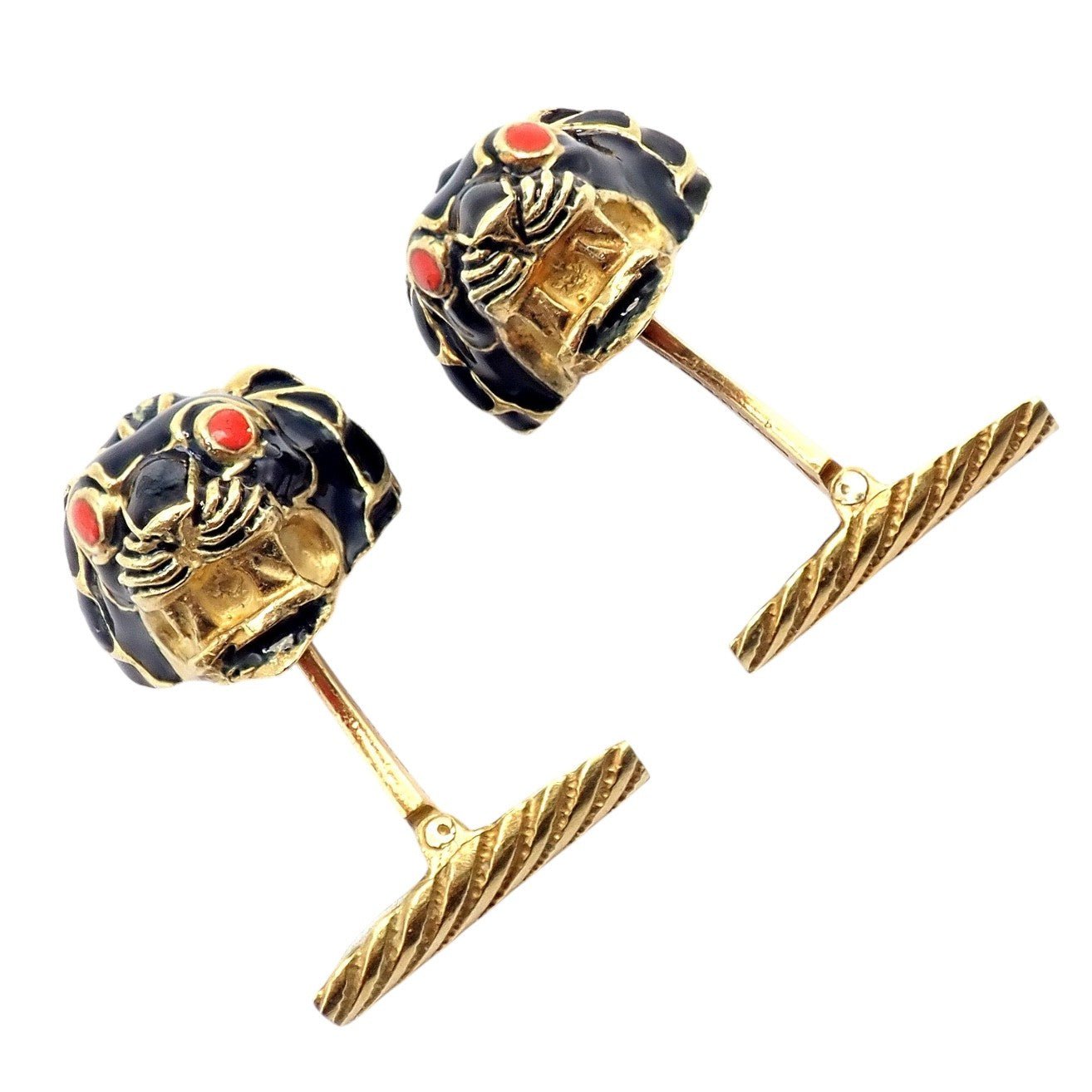 Vintage! David Webb 18k Yellow Gold Black Enamel Lion Cufflinks | Fortrove