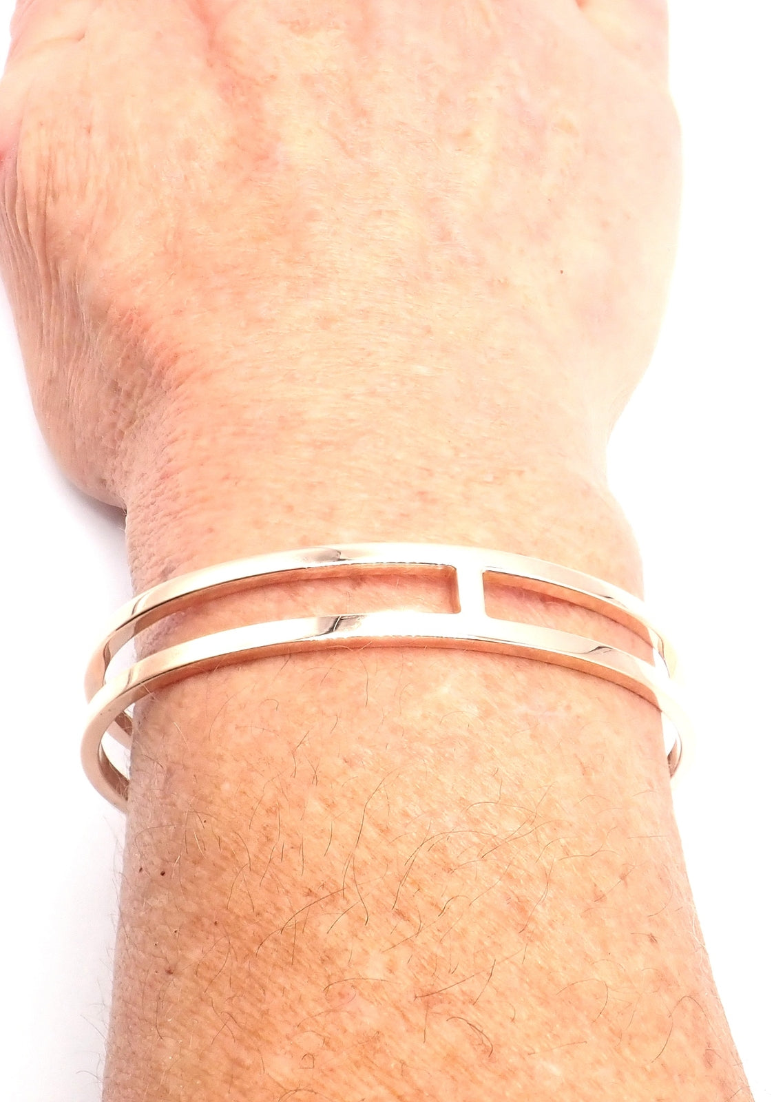 Authentic! Hermes 18k Rose Gold H Open Cuff Bangle Bracelet | Fortrove