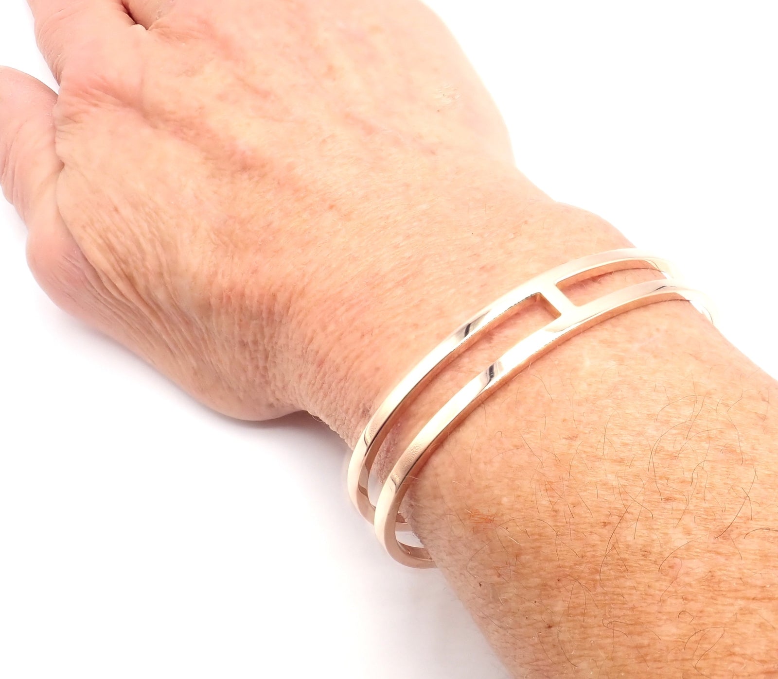Authentic! Hermes 18k Rose Gold H Open Cuff Bangle Bracelet | Fortrove