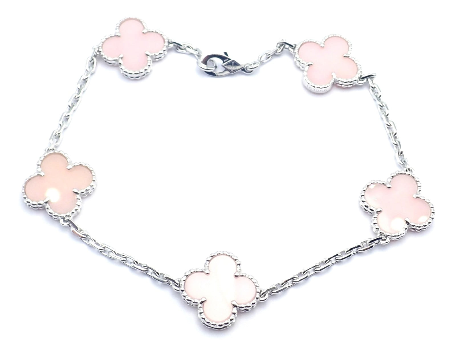 Authentic! Van Cleef & Arpels Alhambra 18k White Gold Pink Opal Bracelet Cer. | Fortrove