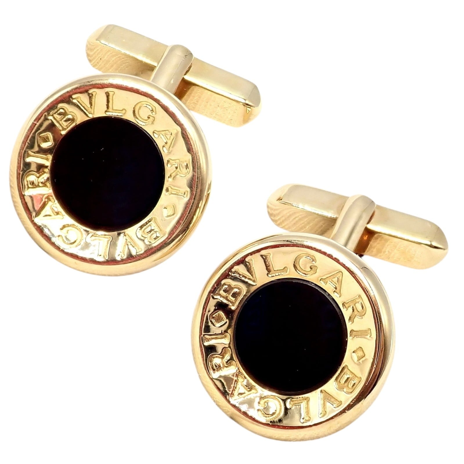 Authentic! Bulgari Bvlgari 18k Yellow Gold Black Onyx Large Cufflinks | Fortrove