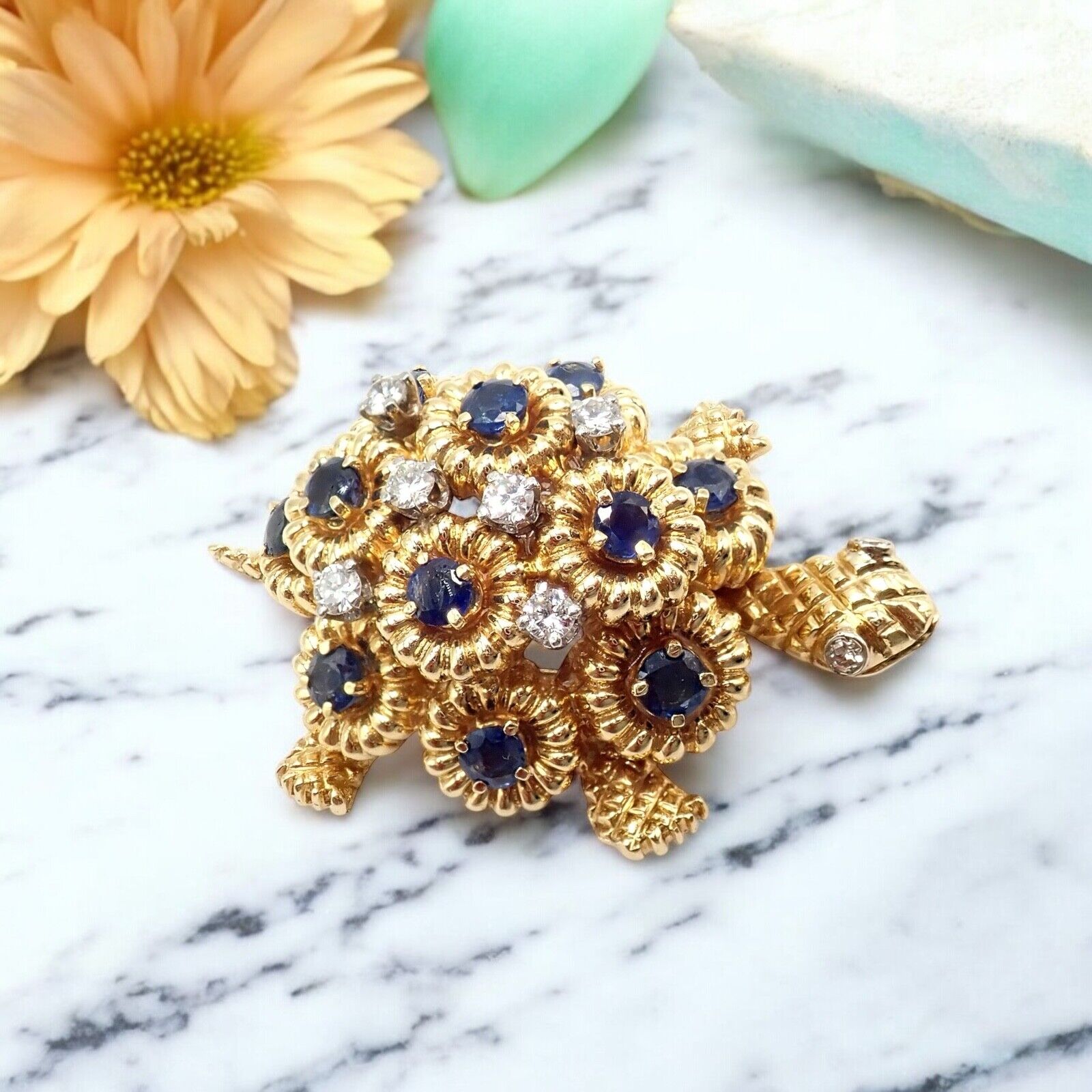 Rare! Authentic Tiffany & Co. Turtle 18k Yellow Gold Diamond Sapphire Pin Brooch | Fortrove