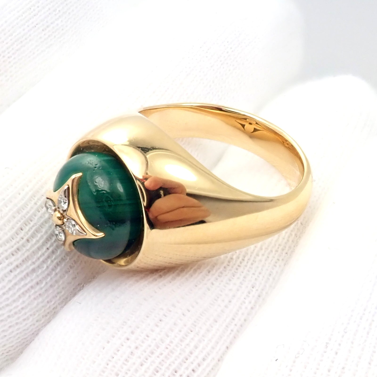 Louis Vuitton Jewelry & Watches:Fine Jewelry:Rings Authentic Louis Vuitton LV 18k Yellow Gold Diamond Malachite Blossom Signet Ring