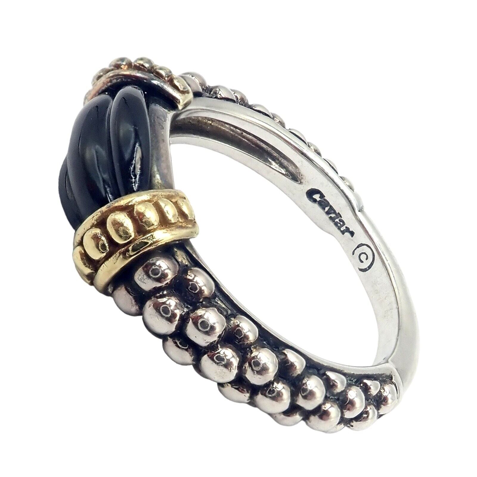 Authentic! Lagos Caviar Silver + 18k Yellow Gold Onyx Ring sz 5.5 | Fortrove