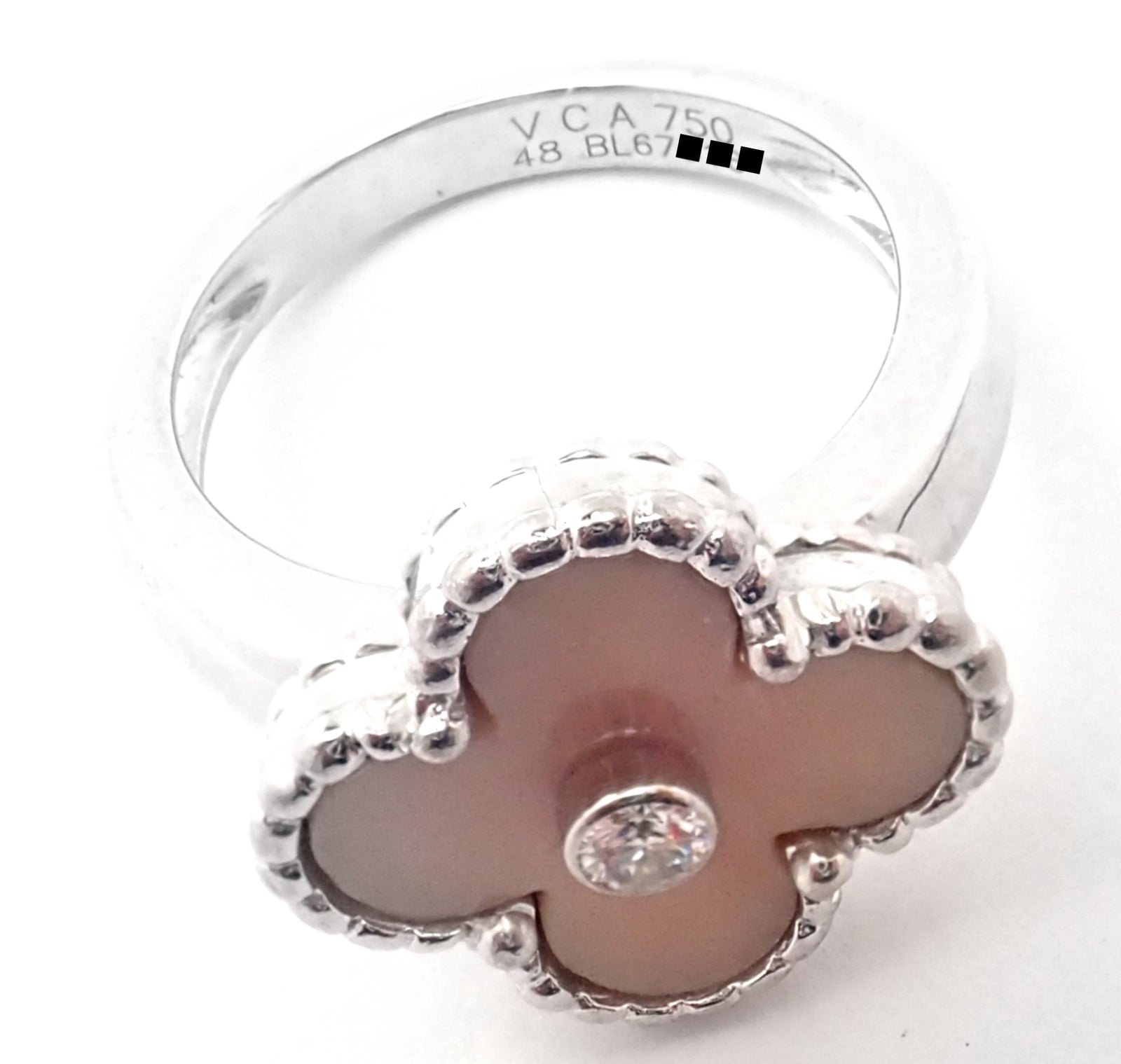 Authentic! Van Cleef & Arpels Alhambra 18k White Gold Pink Opal Diamond Ring | Fortrove
