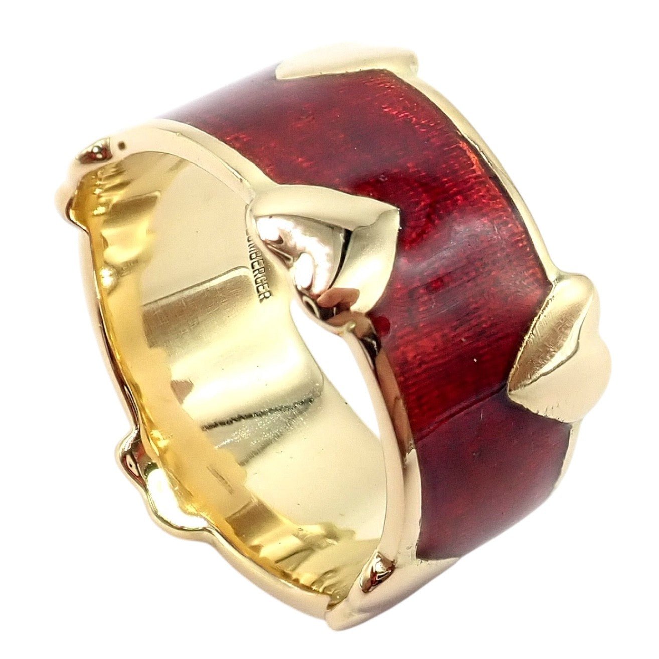 Tiffany & Co Schlumberger 18k Yellow Gold Red Enamel Heart Band Ring sz 6 | Fortrove