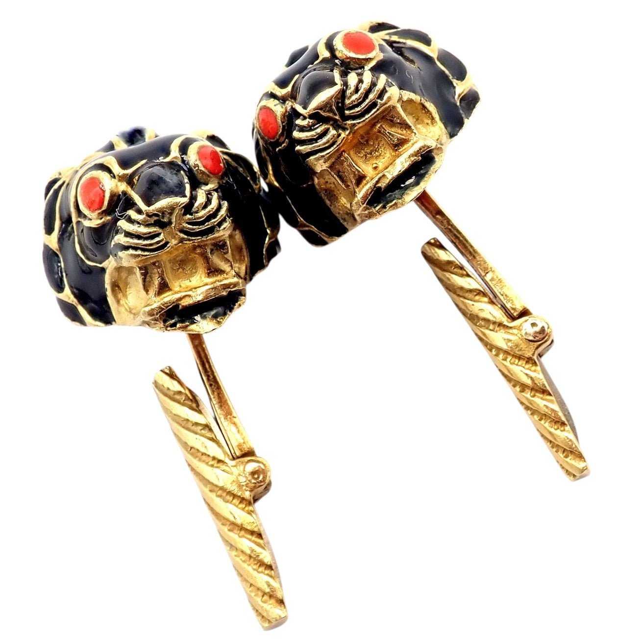 Vintage! David Webb 18k Yellow Gold Black Enamel Lion Cufflinks | Fortrove