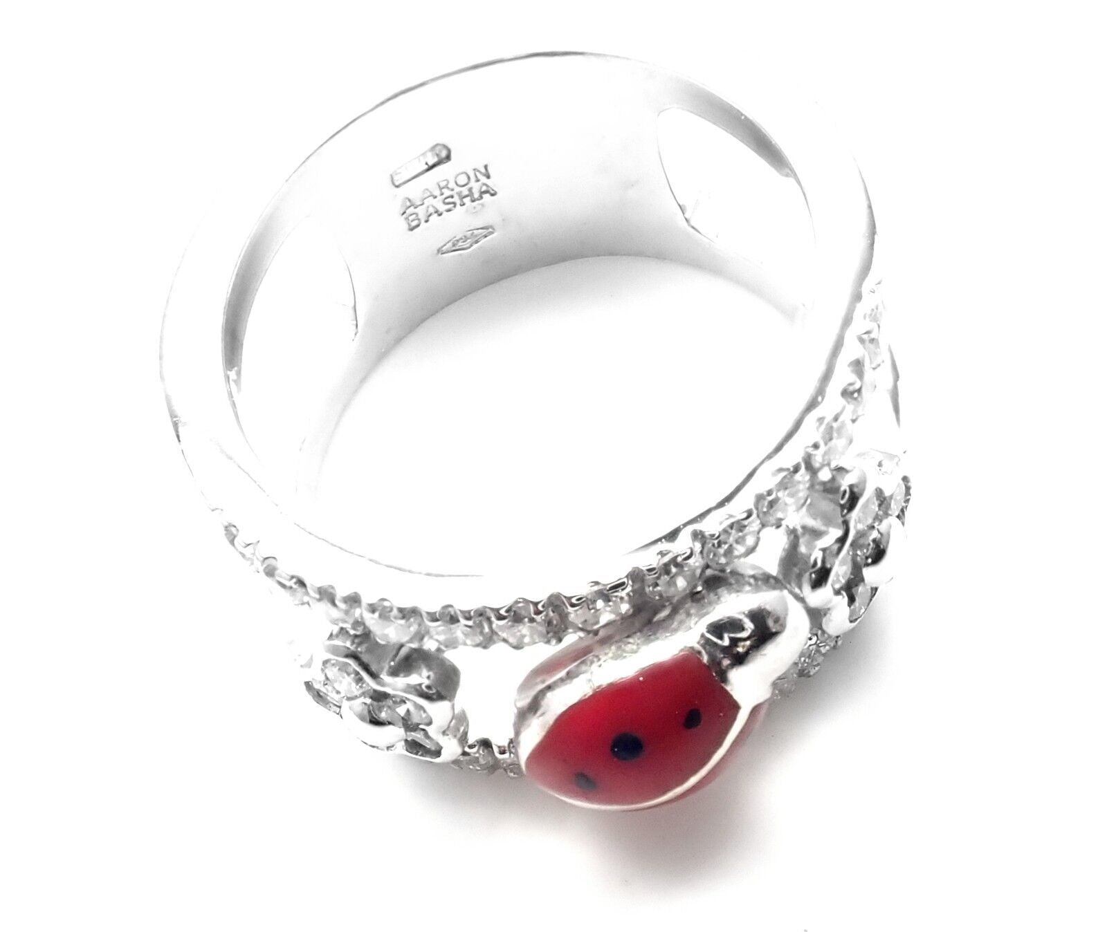 Authentic! Aaron Basha 18k White Gold Diamond Red Enamel Ladybug Band Ring | Fortrove