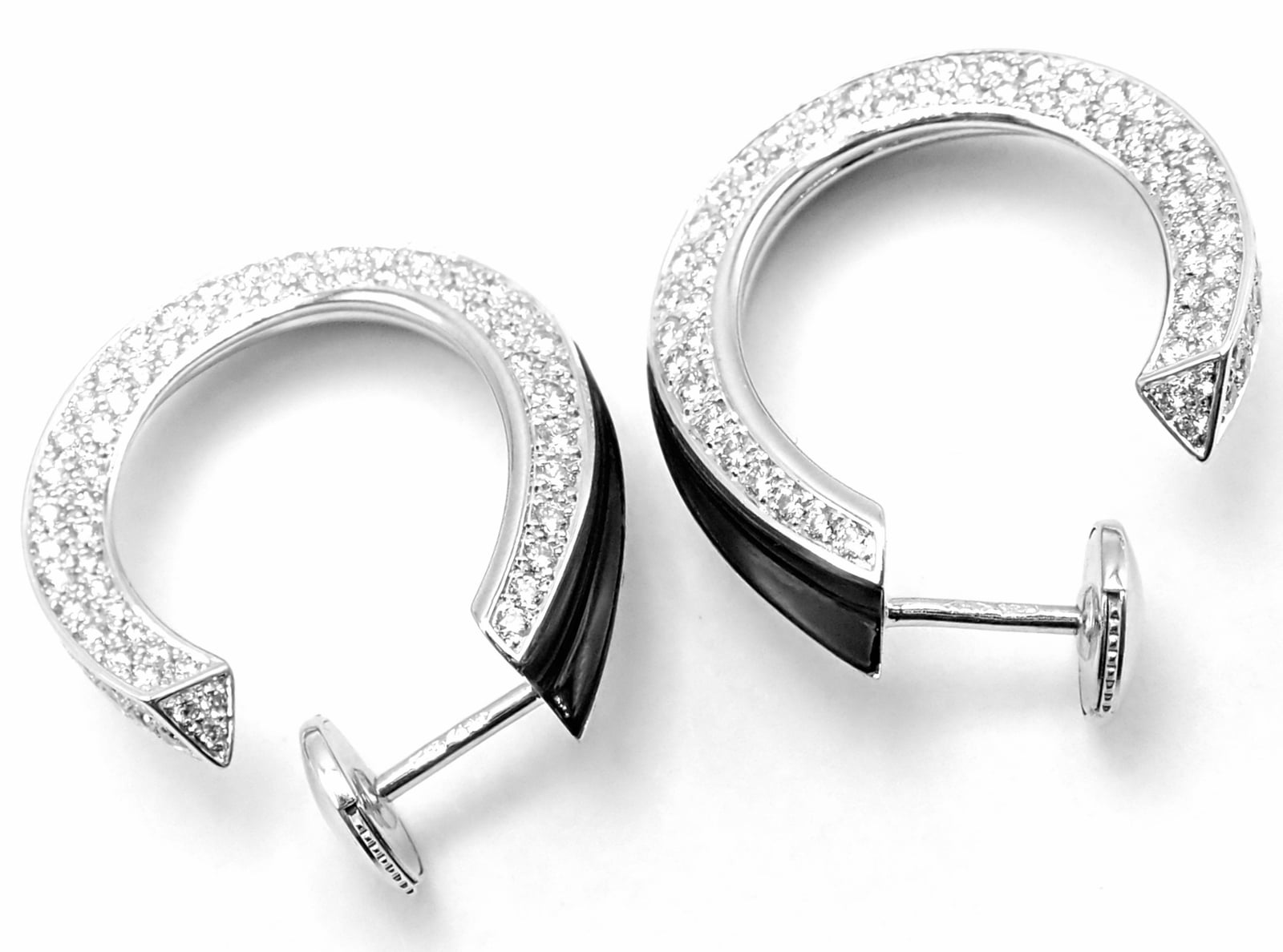 Authentic! Cartier Panthere 18k White Gold Diamond Onyx Hoop Earrings | Fortrove