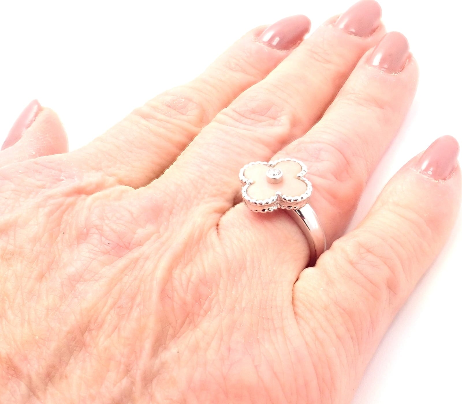 Authentic! Van Cleef & Arpels Alhambra 18k White Gold Pink Opal Diamond Ring | Fortrove