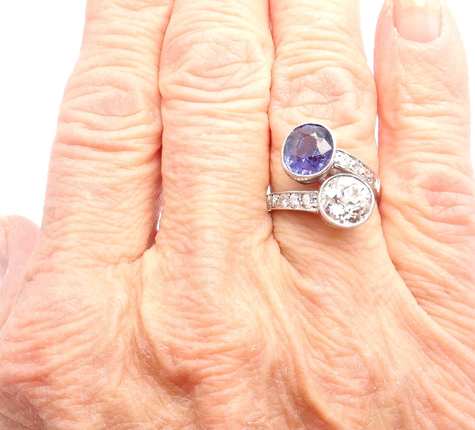 Estate Jewelry & Watches:Vintage & Antique Jewelry:Rings Vintage Estate Platinum Diamond Sapphire Art Deco Crossover Ring