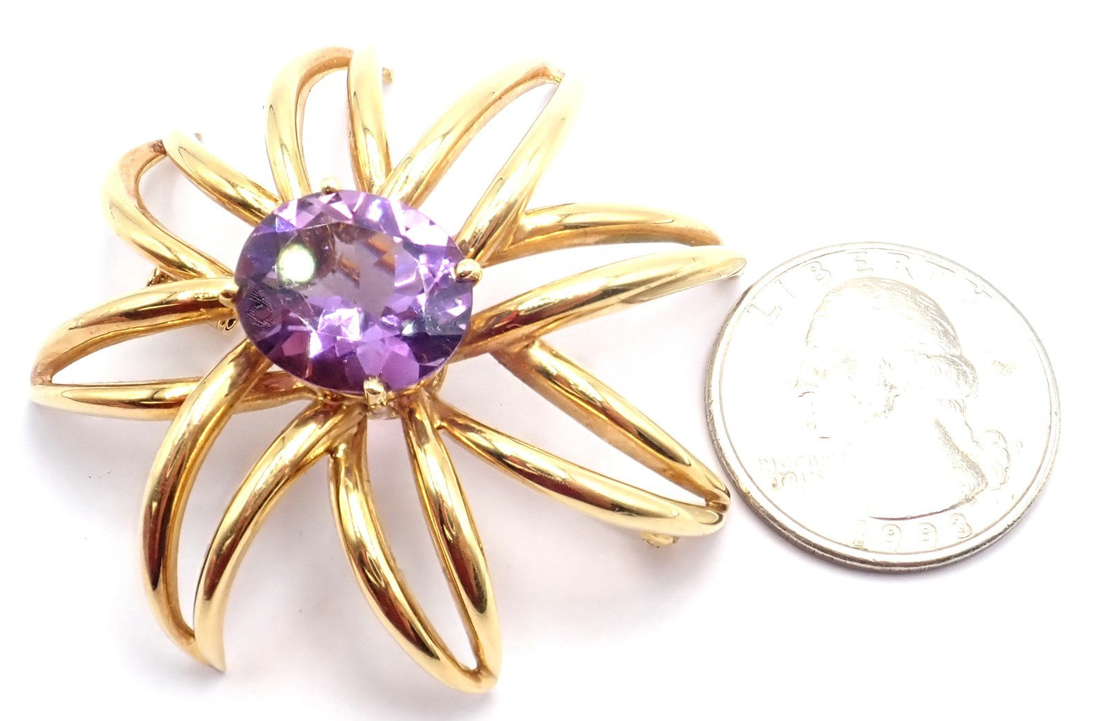 Authentic! Tiffany & Co Fireworks 18k Yellow Gold Amethyst Pin Brooch 1994 | Fortrove