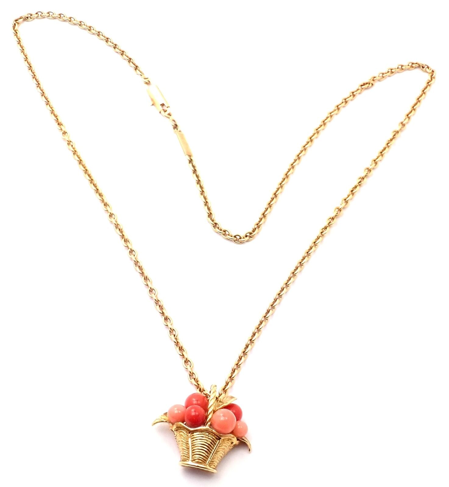 Authentic Van Cleef & Arpels 18k Gold Coral Bead Fruit Basket Pendant Necklace | Fortrove