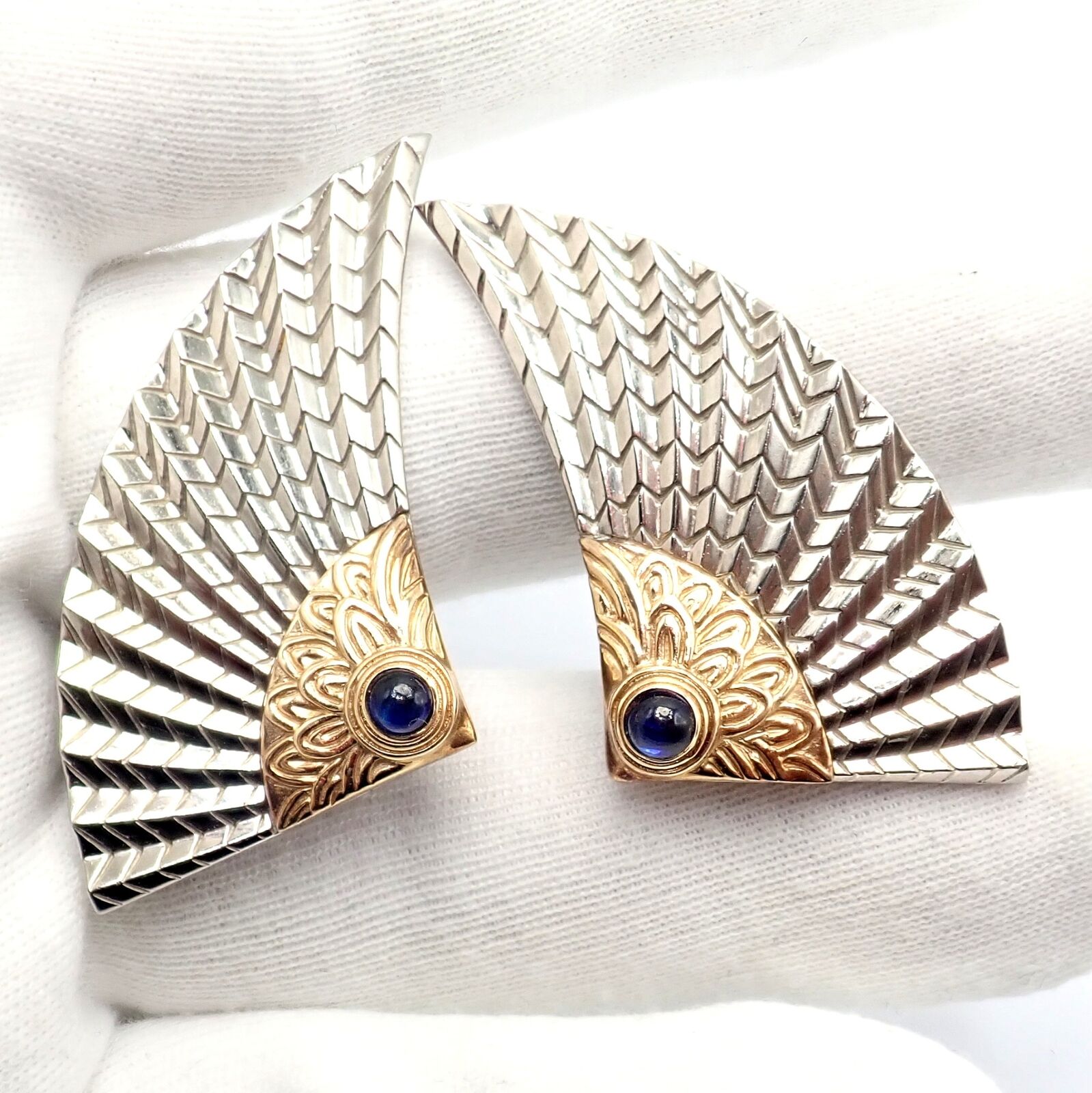 Erte Jewelry & Watches:Fine Jewelry:Earrings Rare! Erte CFA 14k Yellow Gold + Silver Nile Large Fan Sapphire Earrings