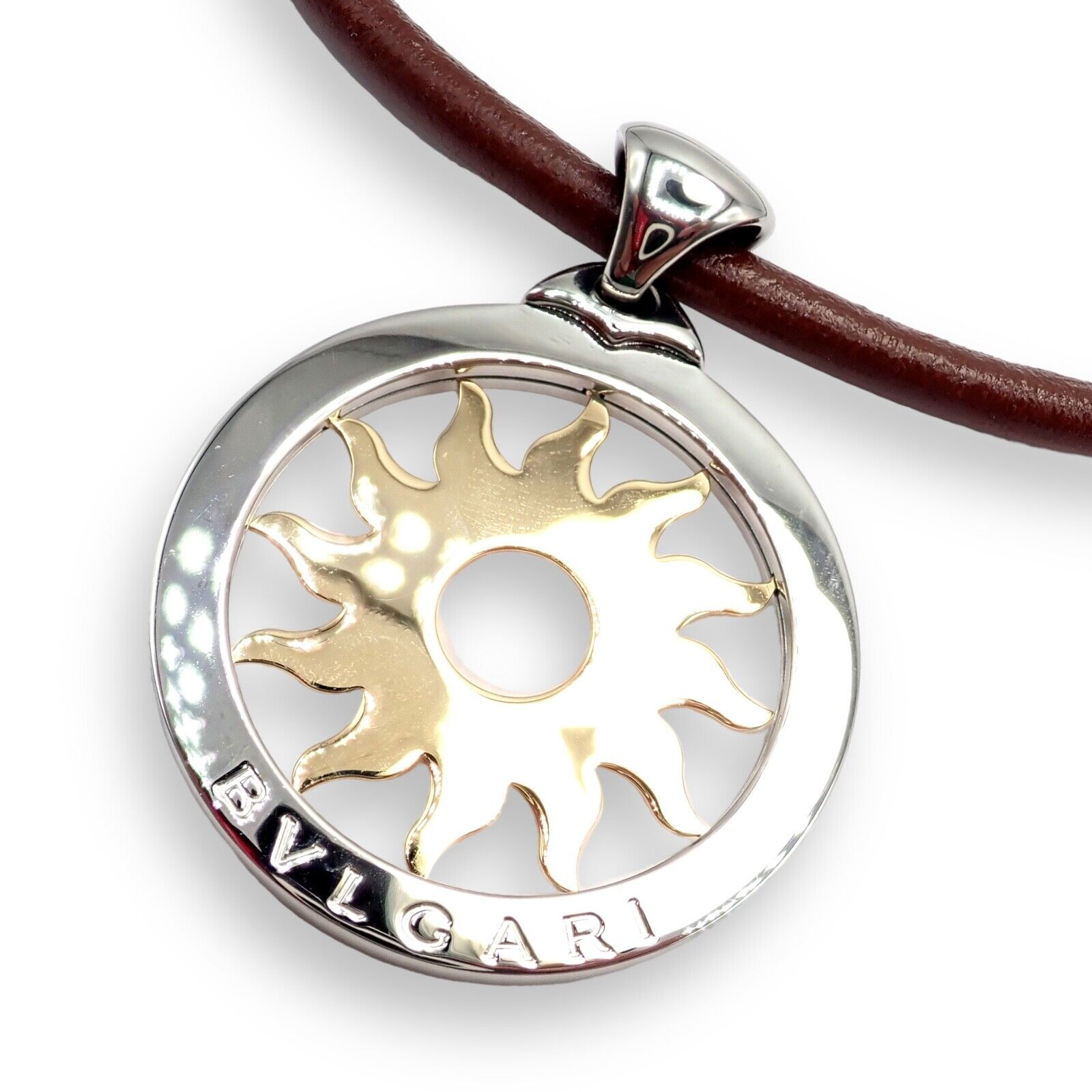 Bulgari Jewelry & Watches:Fine Jewelry:Necklaces & Pendants Bulgari Tondo Sun 18k Gold Steel Extra Large Pendant Brown Leather Necklace