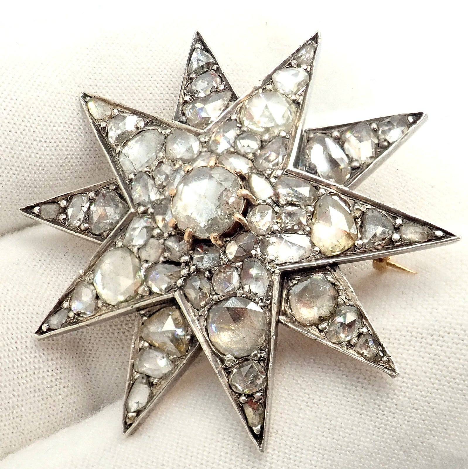 Antique 18k Gold + Silver Georgian Rose Cut Diamond Star Pin Brooch 1800's | Fortrove