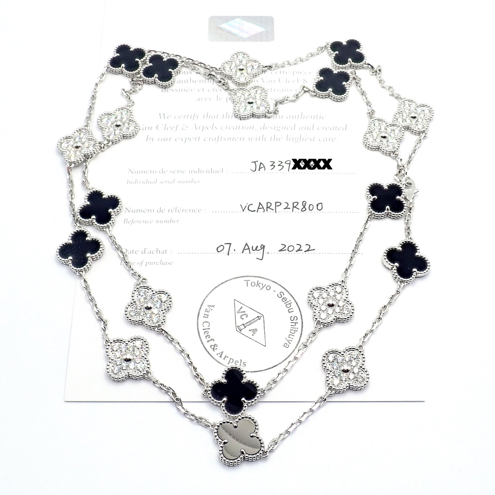 Van Cleef & Arpels 18k Gold 20 Motif Vintage Alhambra Diamond Onyx Necklace Cert | Fortrove