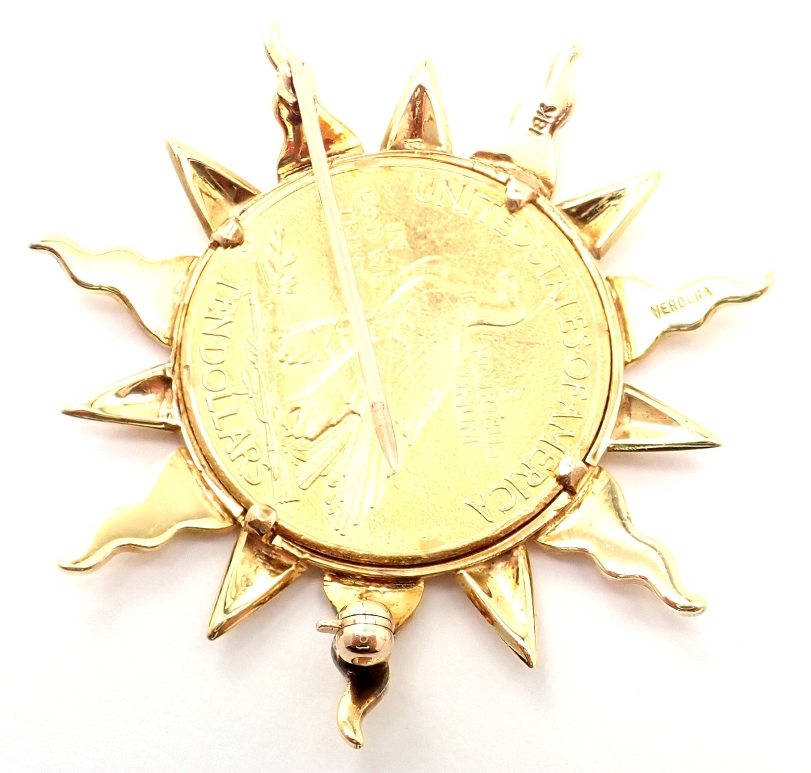 Authentic! Verdura 18k Yellow Gold 22k Yellow Gold $10 US Coin Pin Brooch | Fortrove