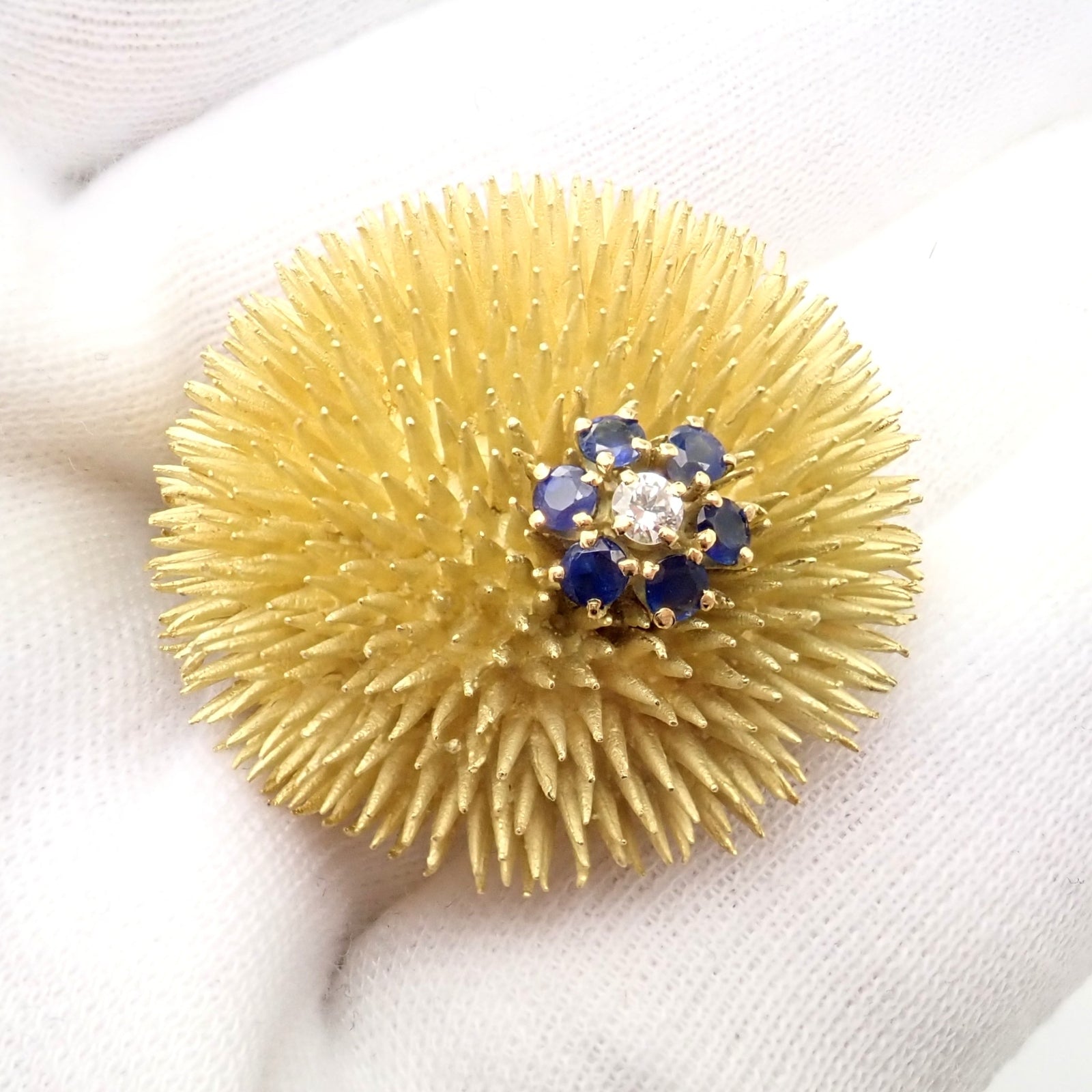Tiffany & Co 18k Yellow Gold Sapphire Diamond Large Urchin Brooch Pin 1960's | Fortrove