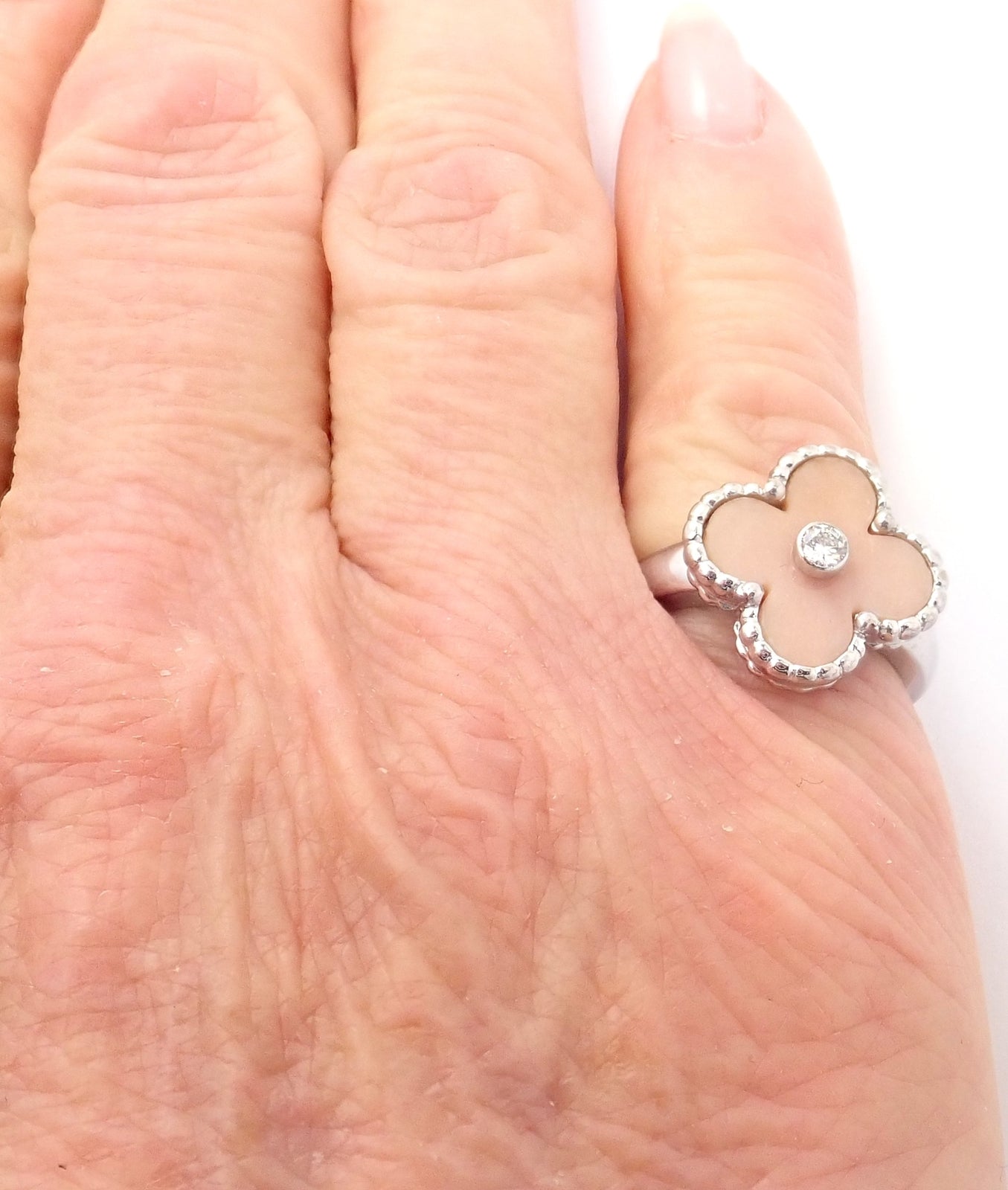 Authentic! Van Cleef & Arpels Alhambra 18k White Gold Pink Opal Diamond Ring | Fortrove