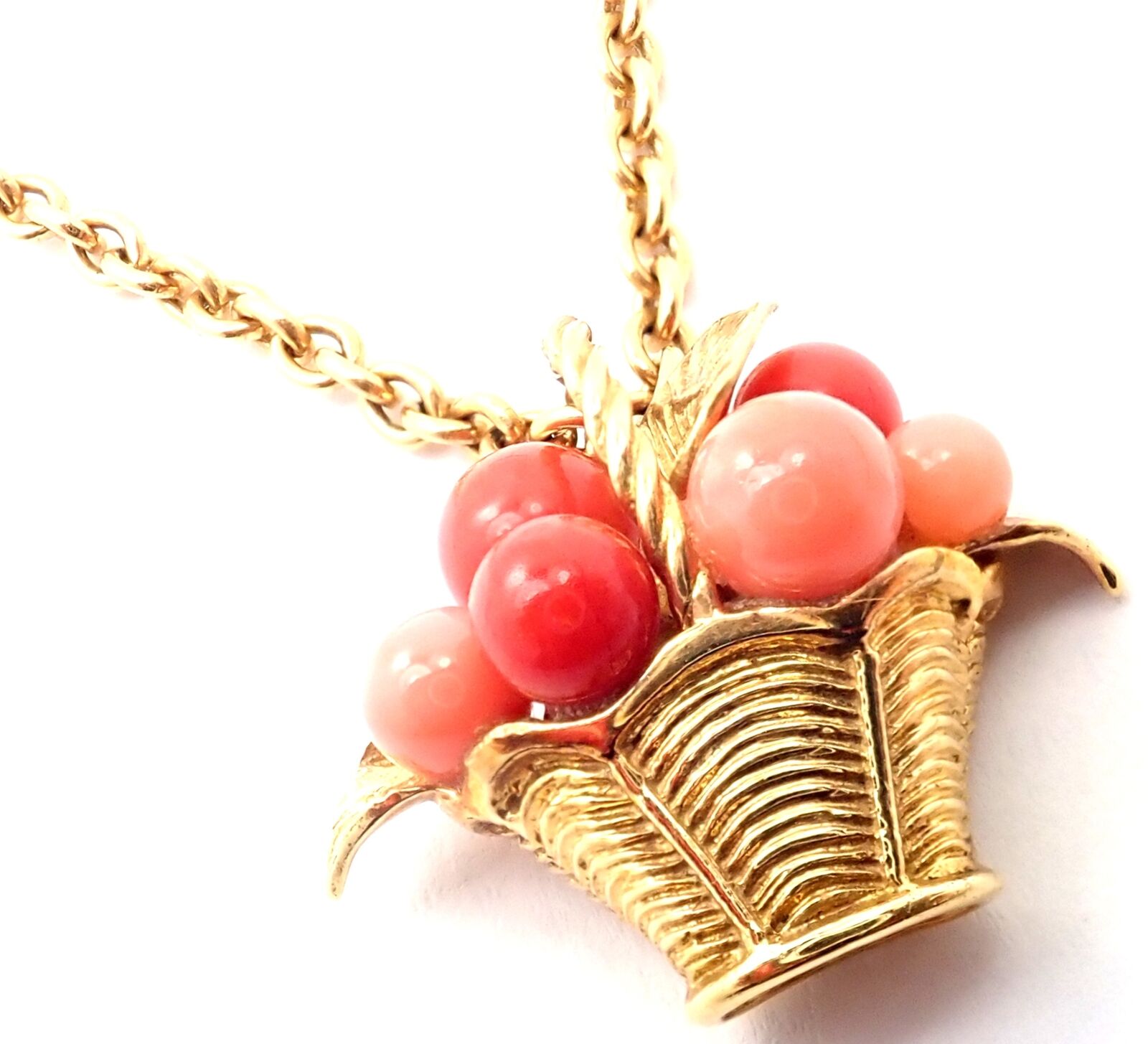 Authentic Van Cleef & Arpels 18k Gold Coral Bead Fruit Basket Pendant Necklace | Fortrove