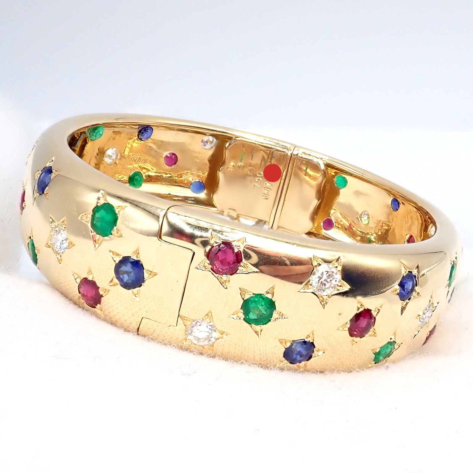 Cartier Star 18k Yellow Gold Diamond Ruby Emerald Sapphire Bangle Bracelet Cert. | Fortrove