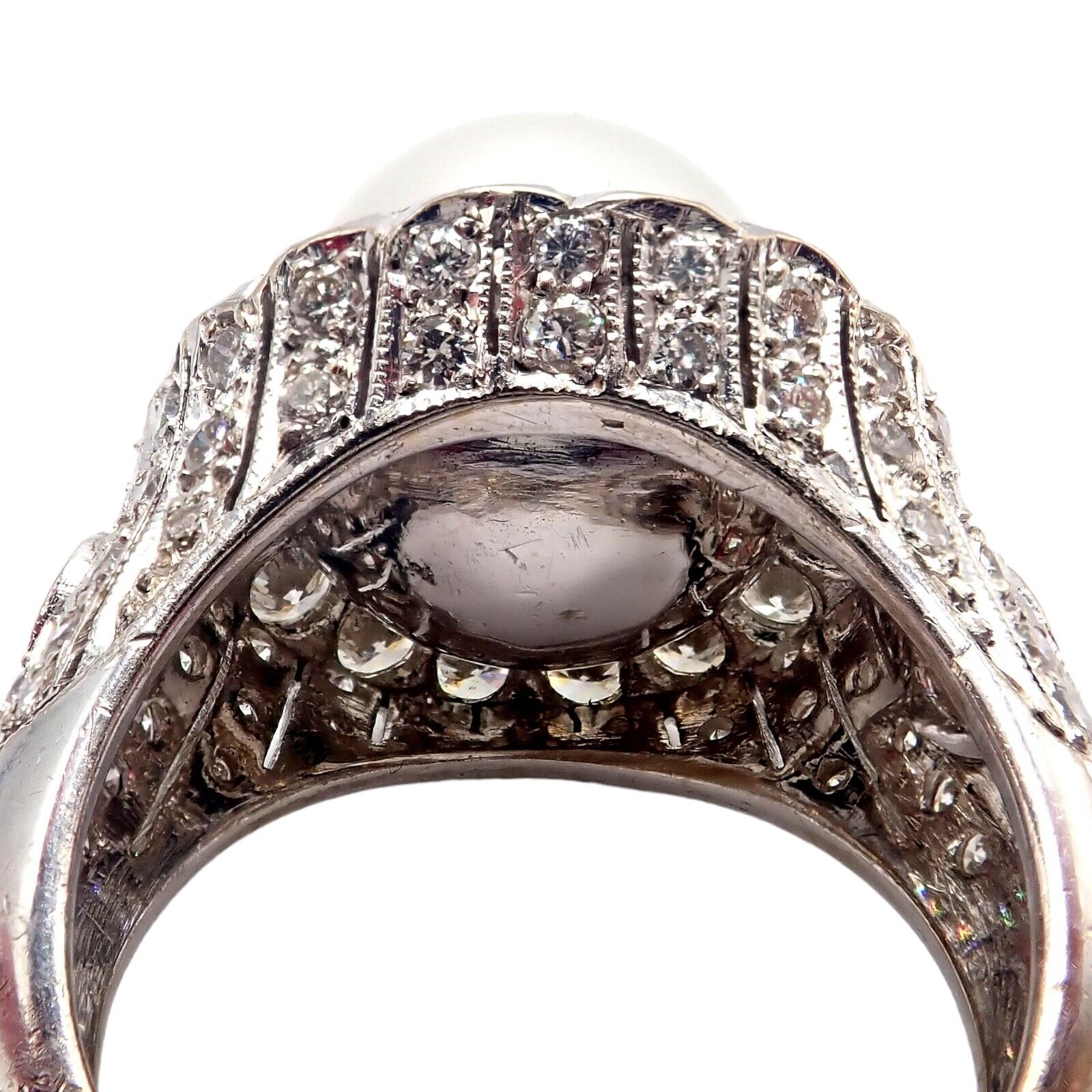 Vintage Estate 18k White Gold Diamond 12.5mm Pearl Cocktail Ring | Fortrove