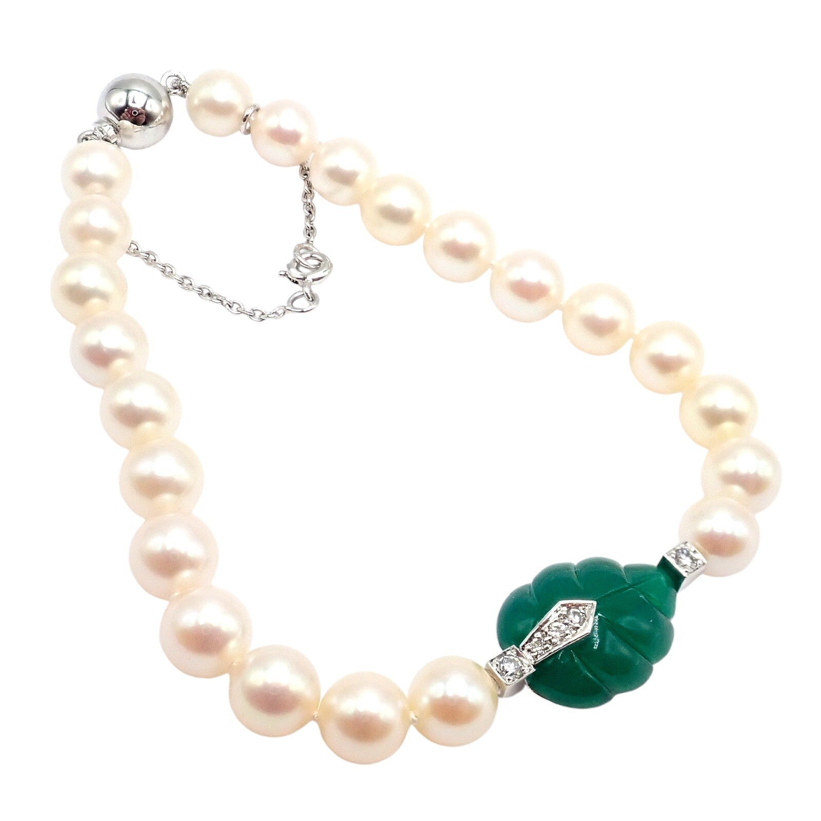 Authentic! Cartier 18k White Gold 7mm Pearl Diamond Chalcedony Patiala Bracelet | Fortrove