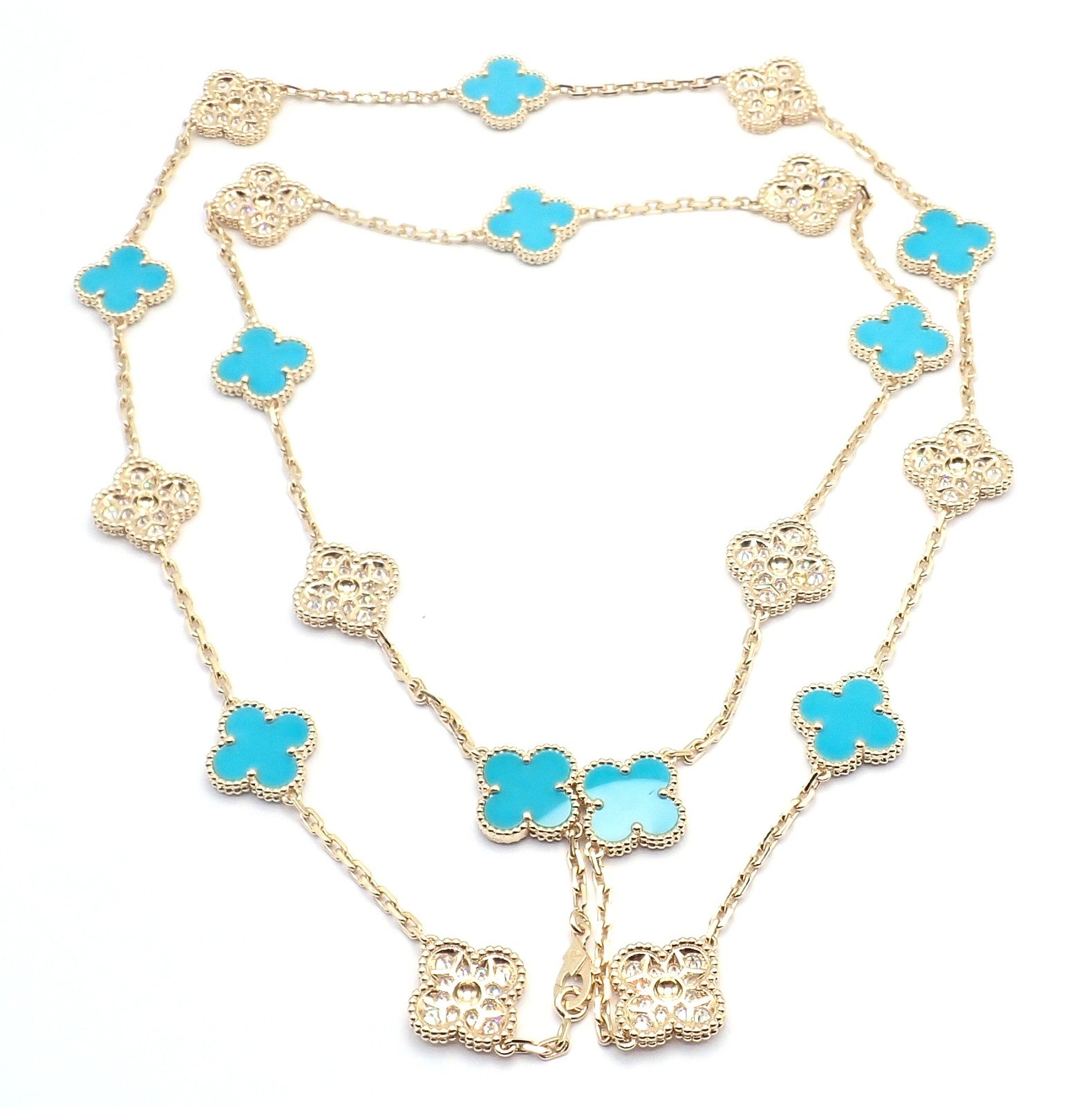 Van Cleef & Arpels 18k Yellow Gold 20 Motif Alhambra Diamond Turquoise Necklace | Fortrove