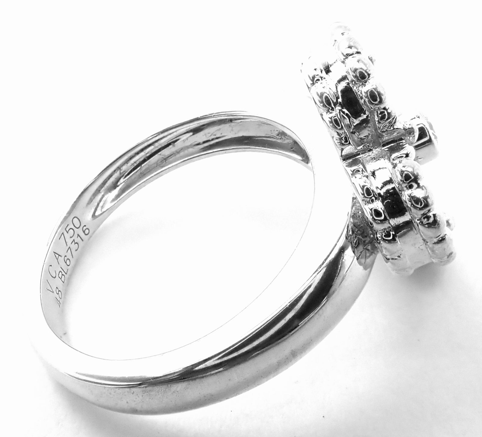 Authentic! Van Cleef & Arpels Alhambra 18k White Gold Pink Opal Diamond Ring | Fortrove
