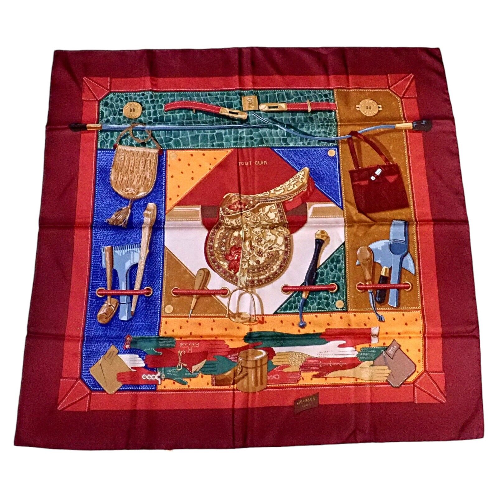 Authentic RARE! Hermes Brick Red Tout Cuir Vintage 90cm Silk Scarf | Fortrove