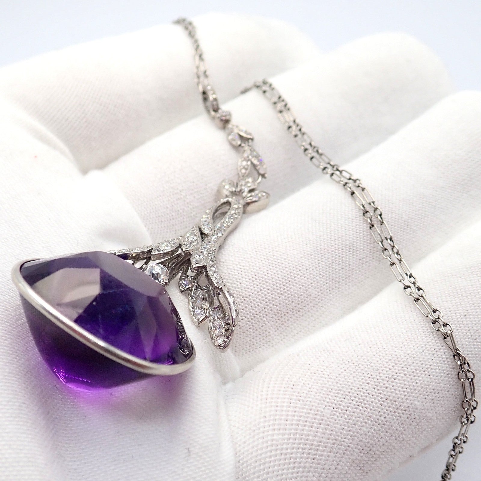 Estate Jewelry & Watches:Fine Jewelry:Necklaces & Pendants Vintage Estate Platinum Diamond Large Amethyst Art Deco Necklace