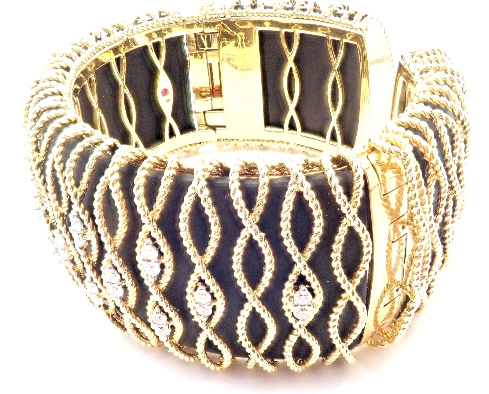 Authentic! Roberto Coin 18k Yellow Gold Diamond Ebony Wood Cuff Bangle Bracelet | Fortrove