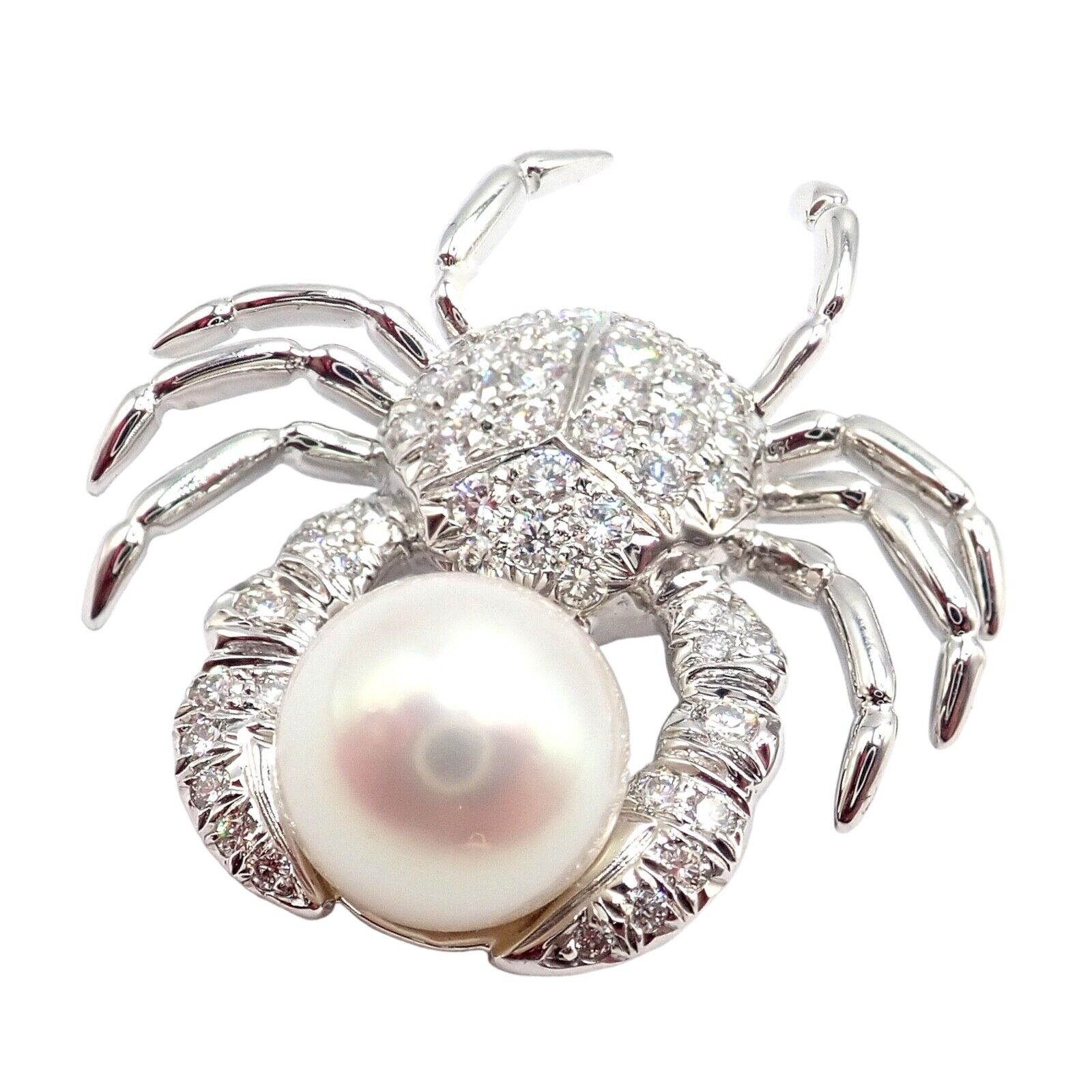 Rare! Authentic Tiffany & Co Platinum Crab 1.50ct Diamond 9mm Pearl Pin Brooch | Fortrove