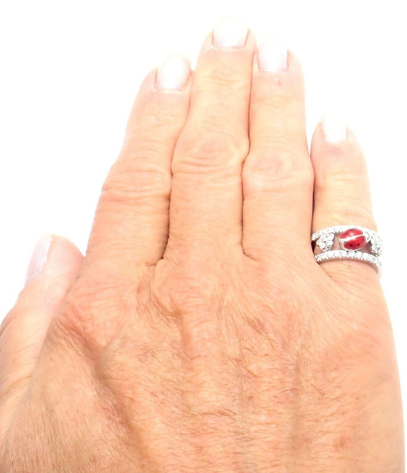 Authentic! Aaron Basha 18k White Gold Diamond Red Enamel Ladybug Band Ring | Fortrove