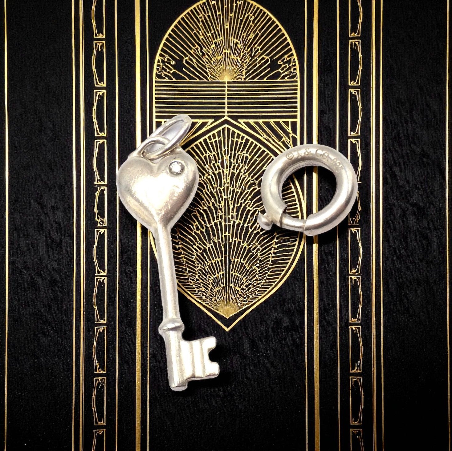 Tiffany & Co. Silver Diamond Key Heart Charm Pendant + Spring Ring Clasp | Fortrove