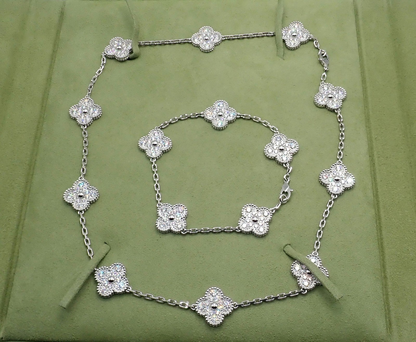 Van Cleef & Arpels 18k Gold Vintage Alhambra Diamond Necklace Bracelet Set Cert. | Fortrove