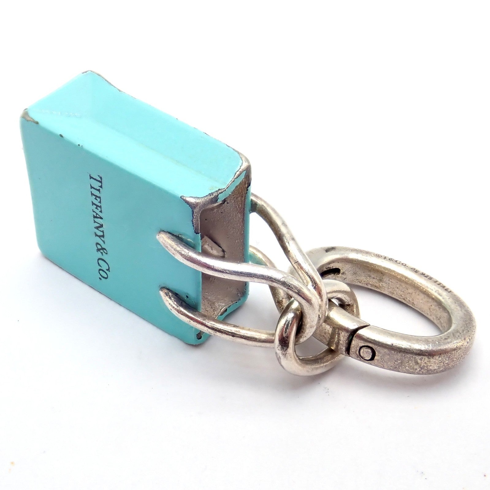 Tiffany & Co. Enamel Shopping Bag Silver Charm Pendant + Oval Jump Rin