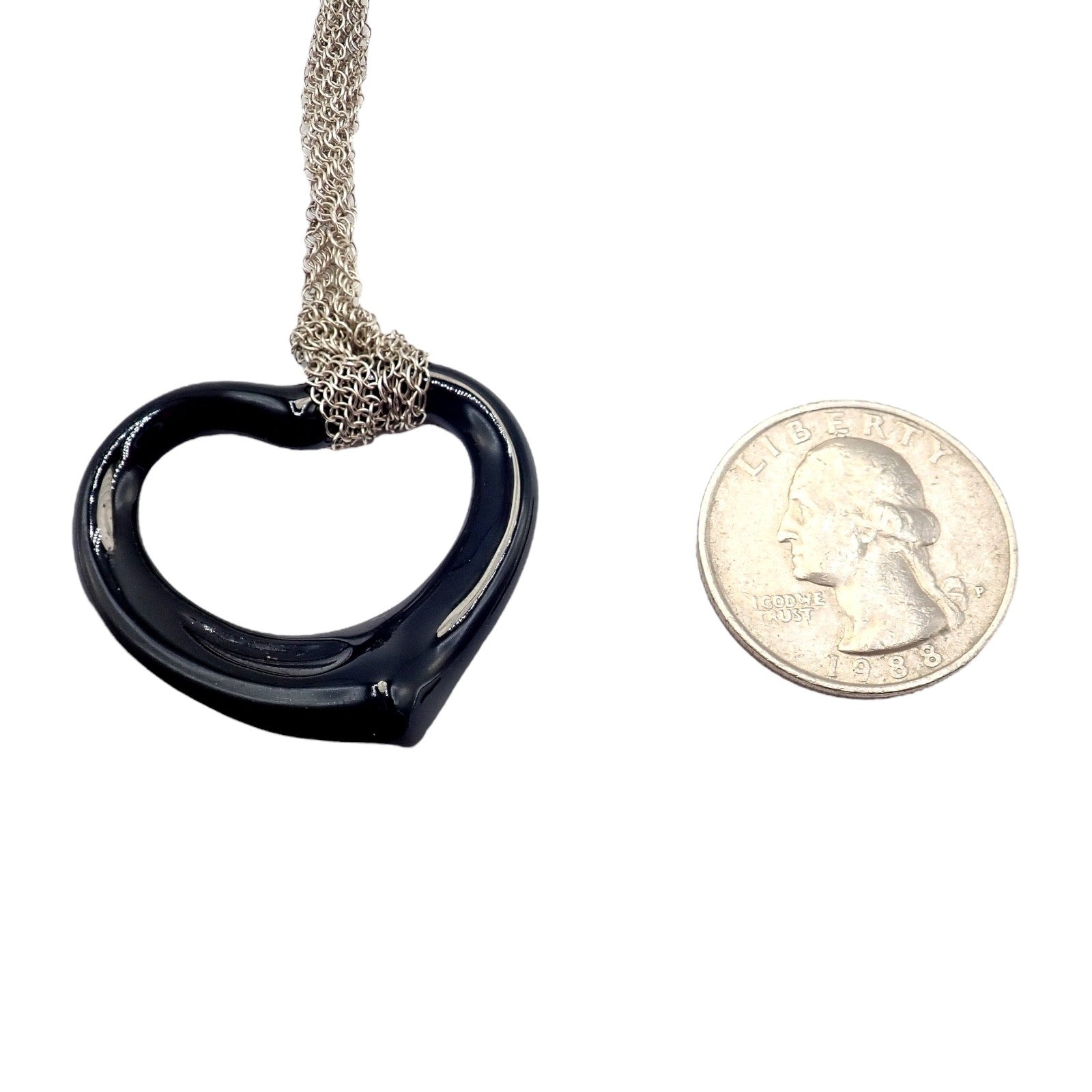 Tiffany & Co Silver Peretti 35mm Large Open Onyx Heart Pendant 28" Mesh Necklace | Fortrove